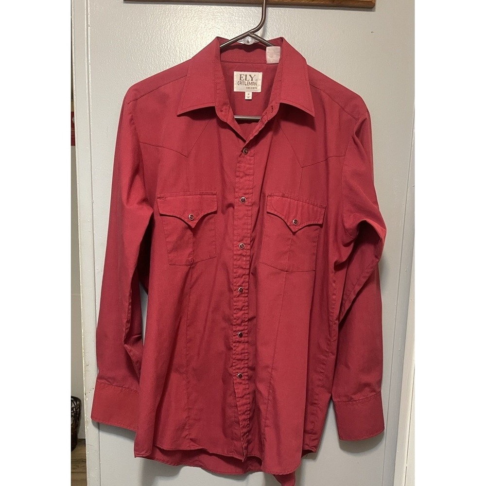 ELY CATTLEMAN Mens L Pearl Snap Western Shirt, Red, Long Sleeve Vintage